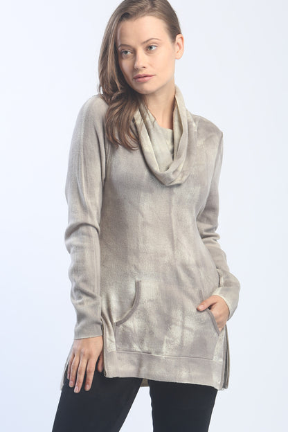 Zipper Trimmed Hand Painted Cowlneck Pullover In Inner Mongolia Cashmere