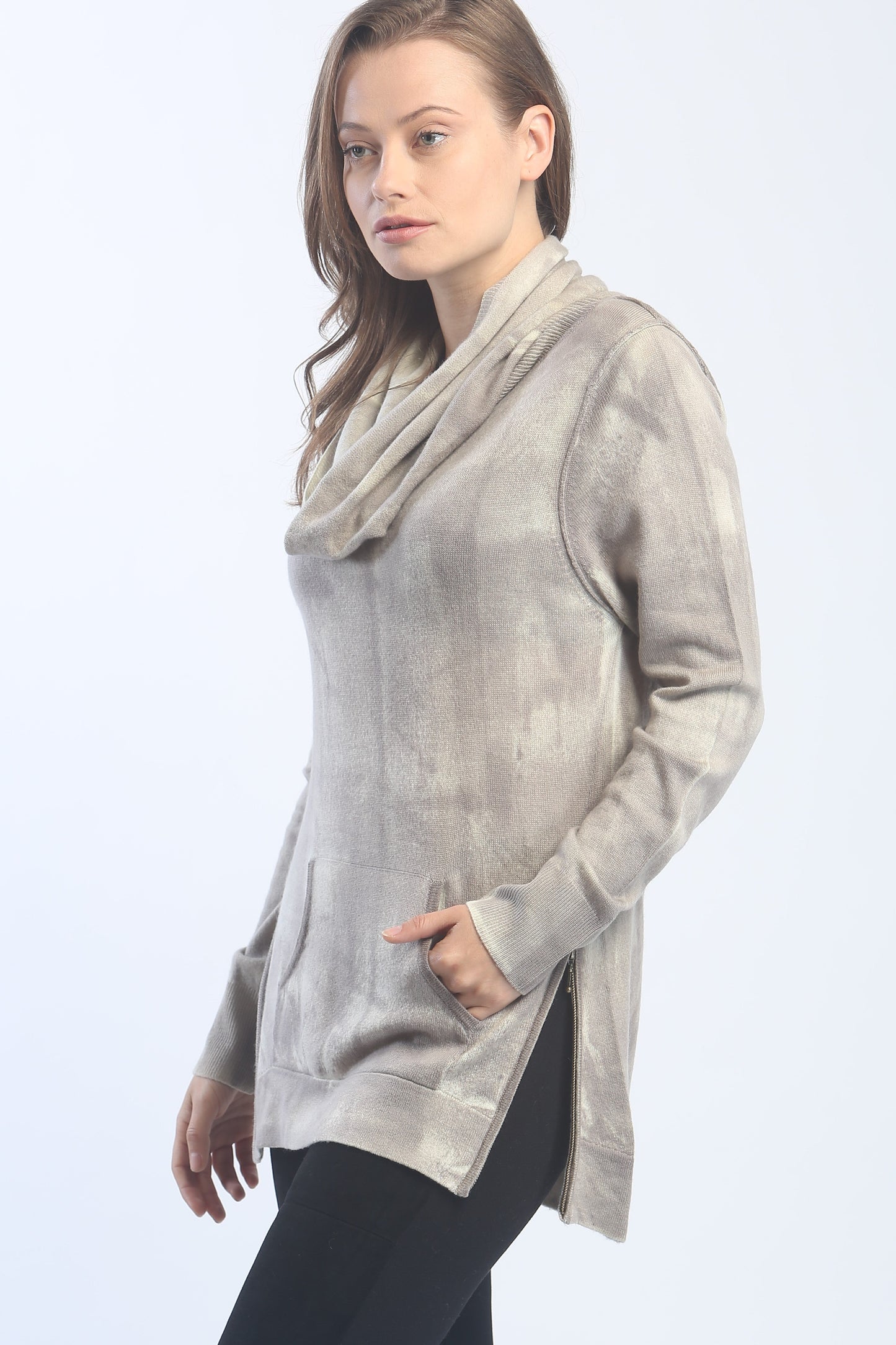 Zipper Trimmed Hand Painted Cowlneck Pullover In Inner Mongolia Cashmere