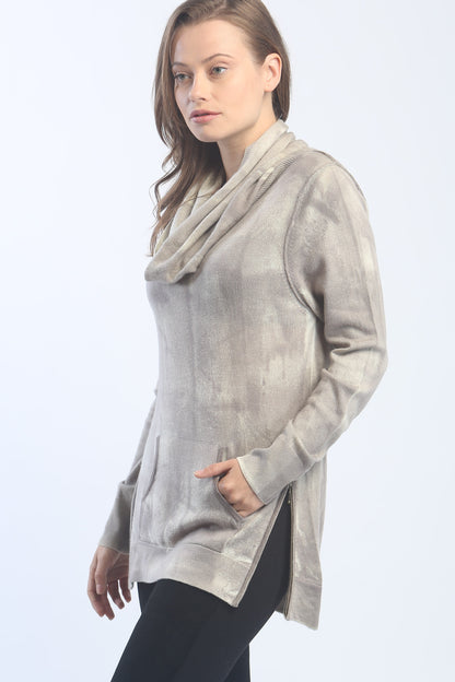 Zipper Trimmed Hand Painted Cowlneck Pullover In Inner Mongolia Cashmere