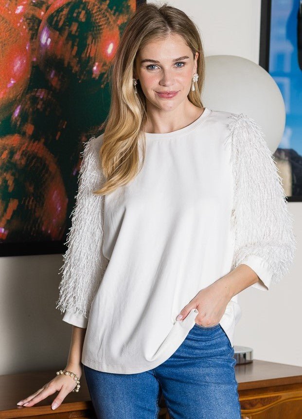 Abby Suede Top with Feathered Sleeves - JOH APPAREL - Banebrook Collections