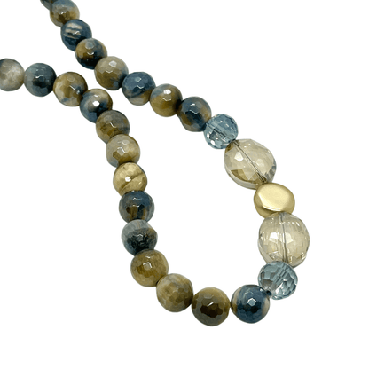 Blue Cream Tigers Eye With Champagne & Blue Crystal And Matte Gold Side Accents Necklace - DEBORAH GRIVAS - Banebrook Collections