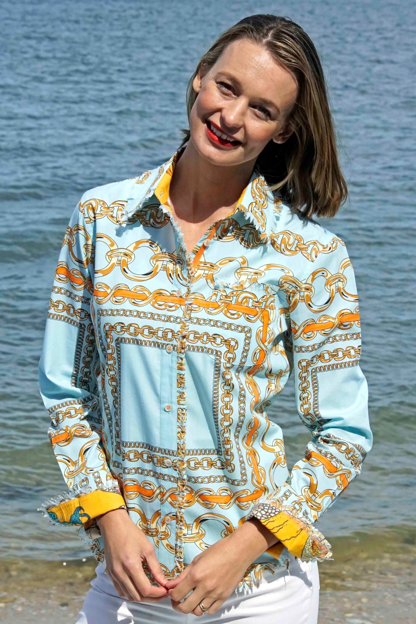 Cape Cod Tunic, Aqua Ground W Orange Links - DIZZY LIZZIE - Banebrook Collections