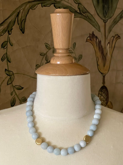 Matte Aquamarine With Matte Gold Flat Bead Necklace - DEBORAH GRIVAS - Banebrook Collections