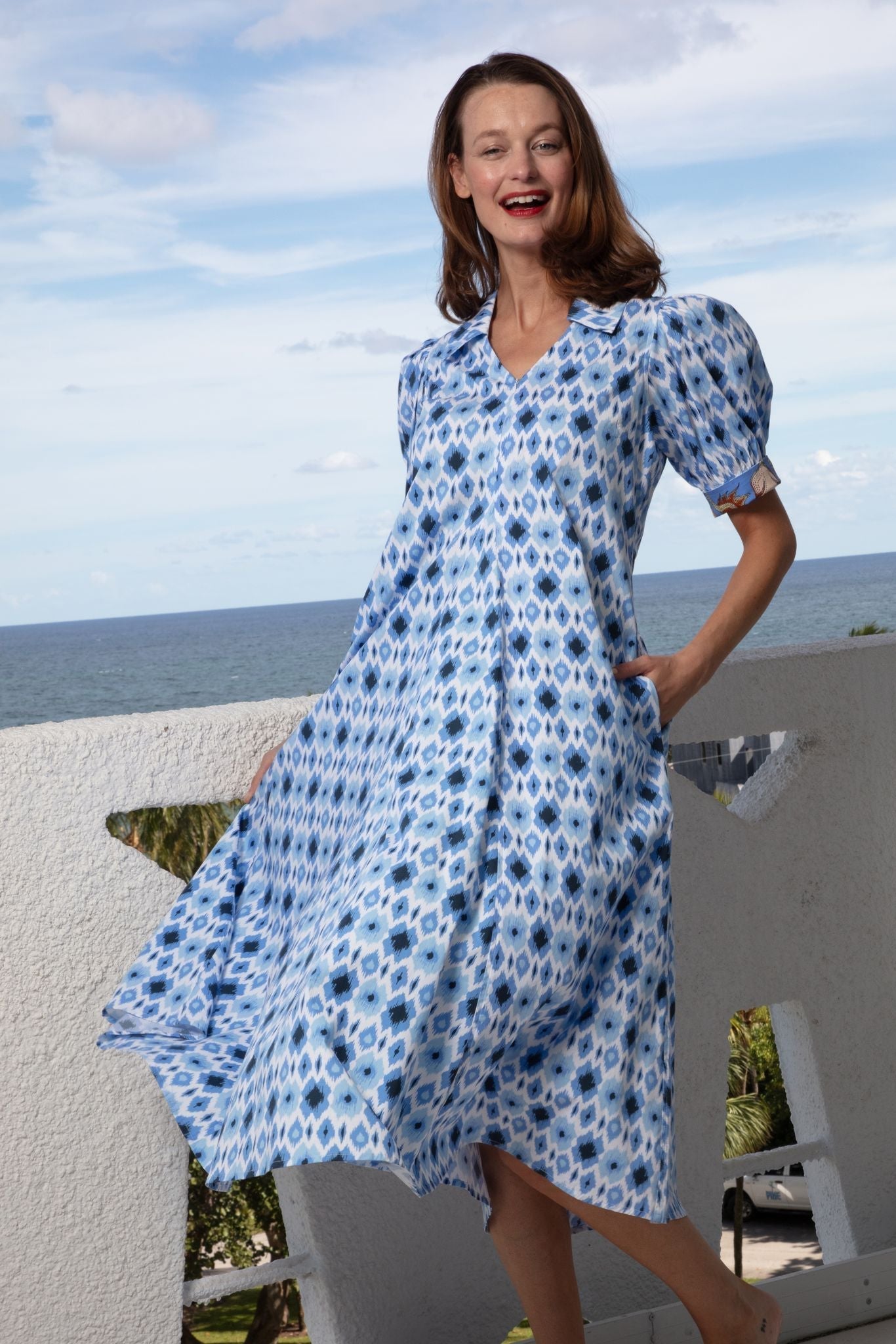 Montauk Dress Blue Ikat Print - DIZZY LIZZIE - Banebrook Collections