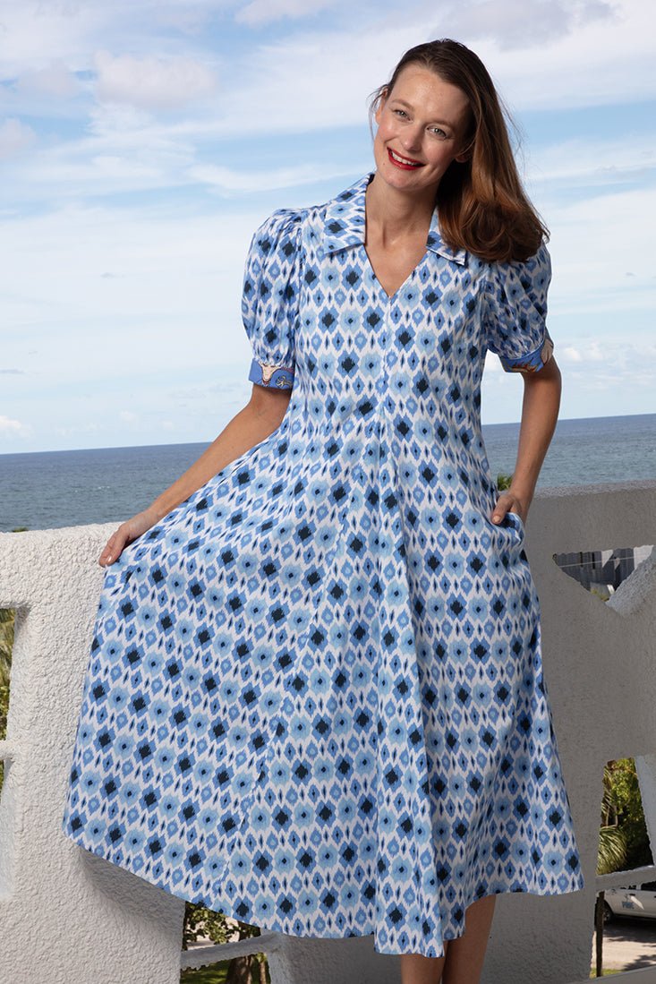 Montauk Dress Blue Ikat Print - DIZZY LIZZIE - Banebrook Collections