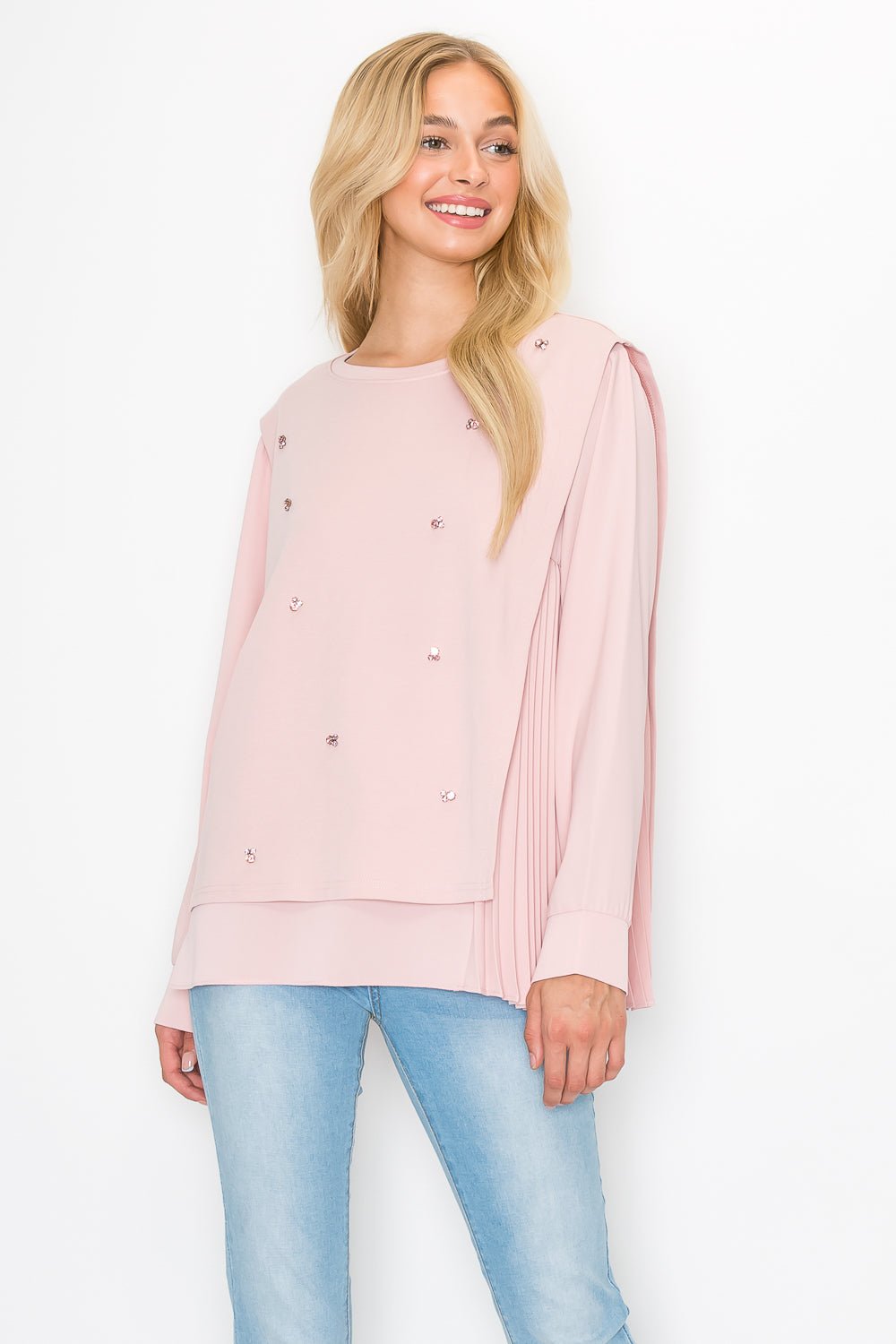 Rilynn Top With Pleating & Diamonds - JOH APPAREL - Banebrook Collections