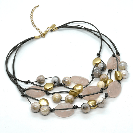 Rose Quartz And Natural Opal Torsade On Gray Linen And Leather - DEBORAH GRIVAS - Banebrook Collections