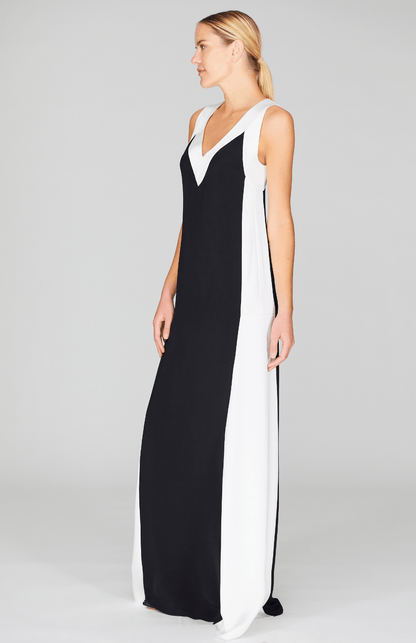 Satin V Neck Gown W/ Contrast Panels - Mi Jong Lee - Banebrook Collections