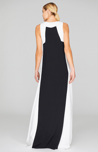 Satin V Neck Gown W/ Contrast Panels - Mi Jong Lee - Banebrook Collections