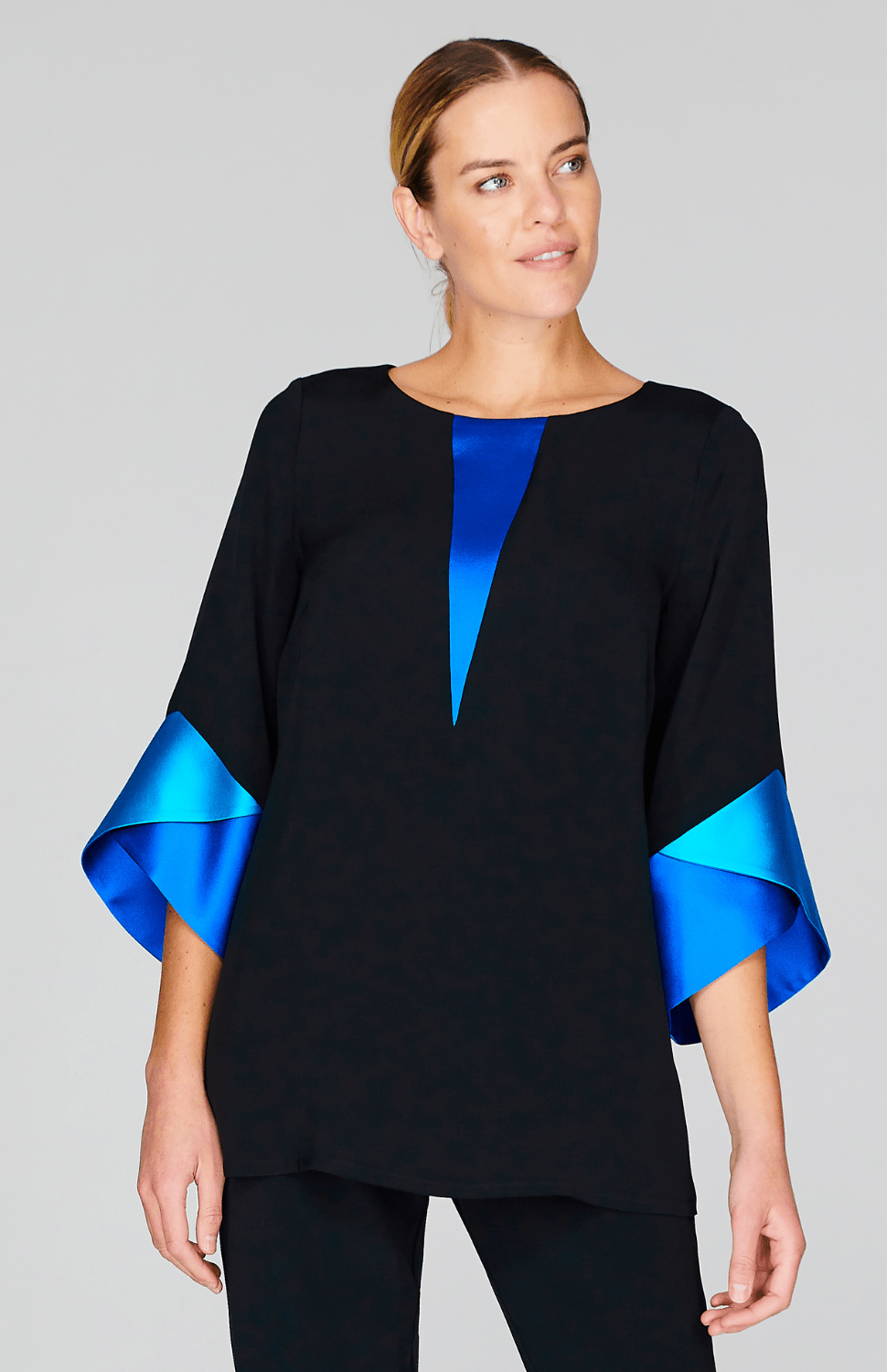 Silk Tunic w/Contrast Satin Color Block Sleeves & V Inset - Emmelle - Banebrook Collections