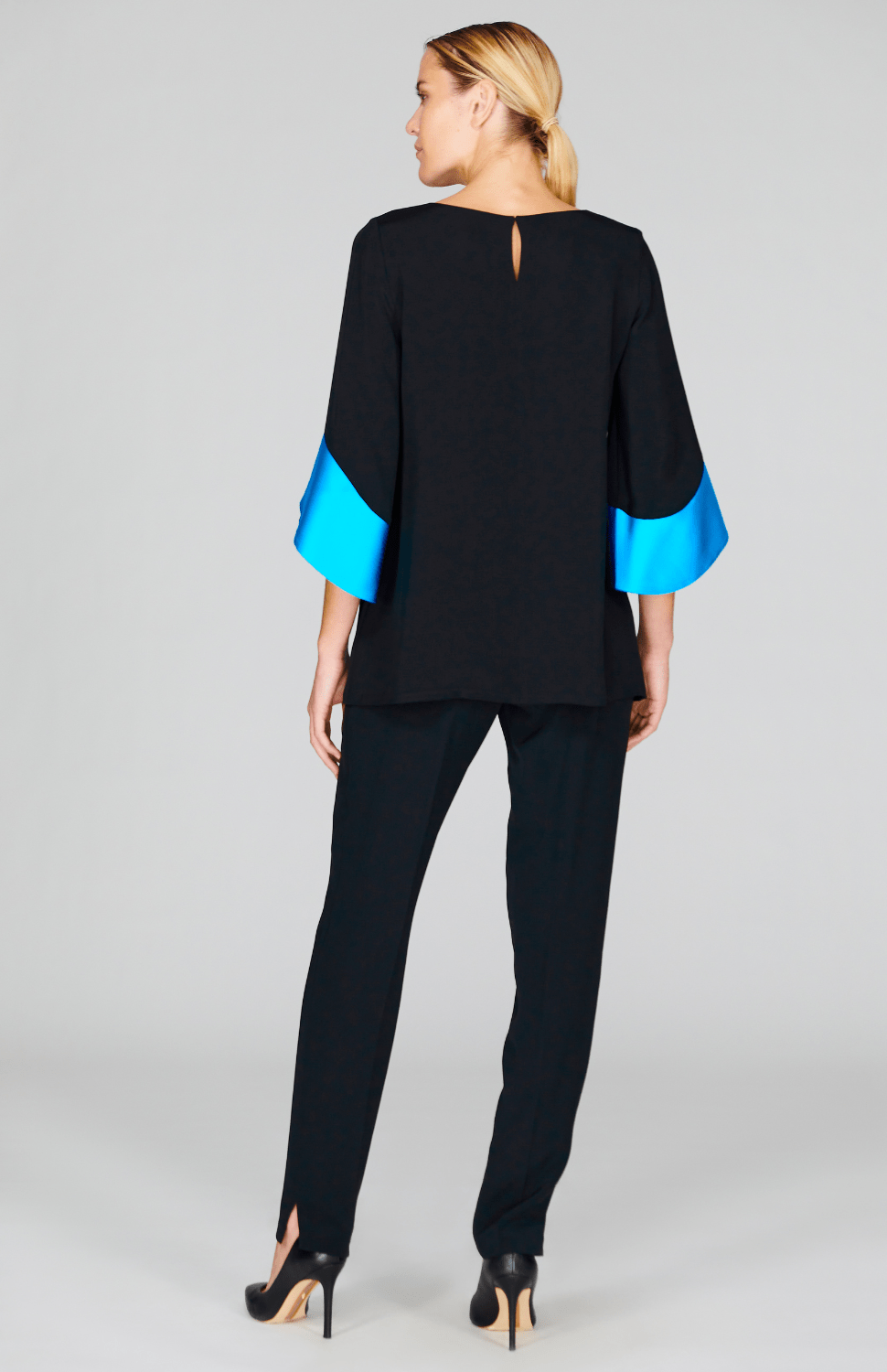 Silk Tunic w/Contrast Satin Color Block Sleeves & V Inset - Emmelle - Banebrook Collections