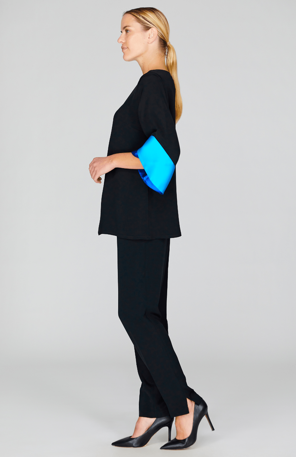 Silk Tunic w/Contrast Satin Color Block Sleeves & V Inset - Emmelle - Banebrook Collections