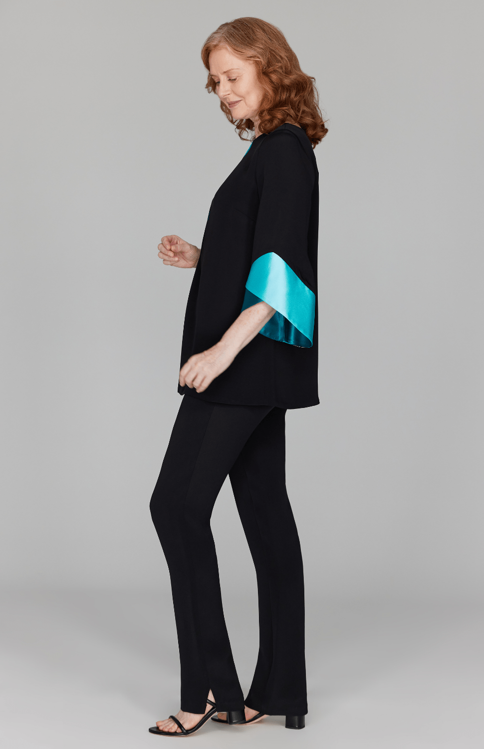 Silk Tunic w/Contrast Satin Color Block Sleeves & V Inset - Emmelle - Banebrook Collections