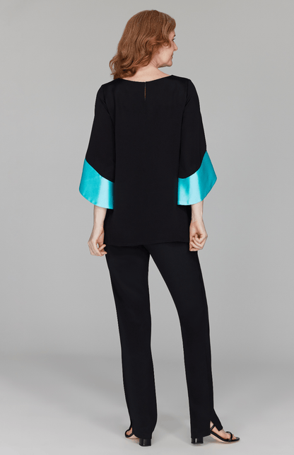 Silk Tunic w/Contrast Satin Color Block Sleeves & V Inset - Emmelle - Banebrook Collections