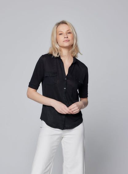 Stretch Linen 3/4 Sleeve Pocket Shirt - MAJESTIC FILATURES - Banebrook Collections