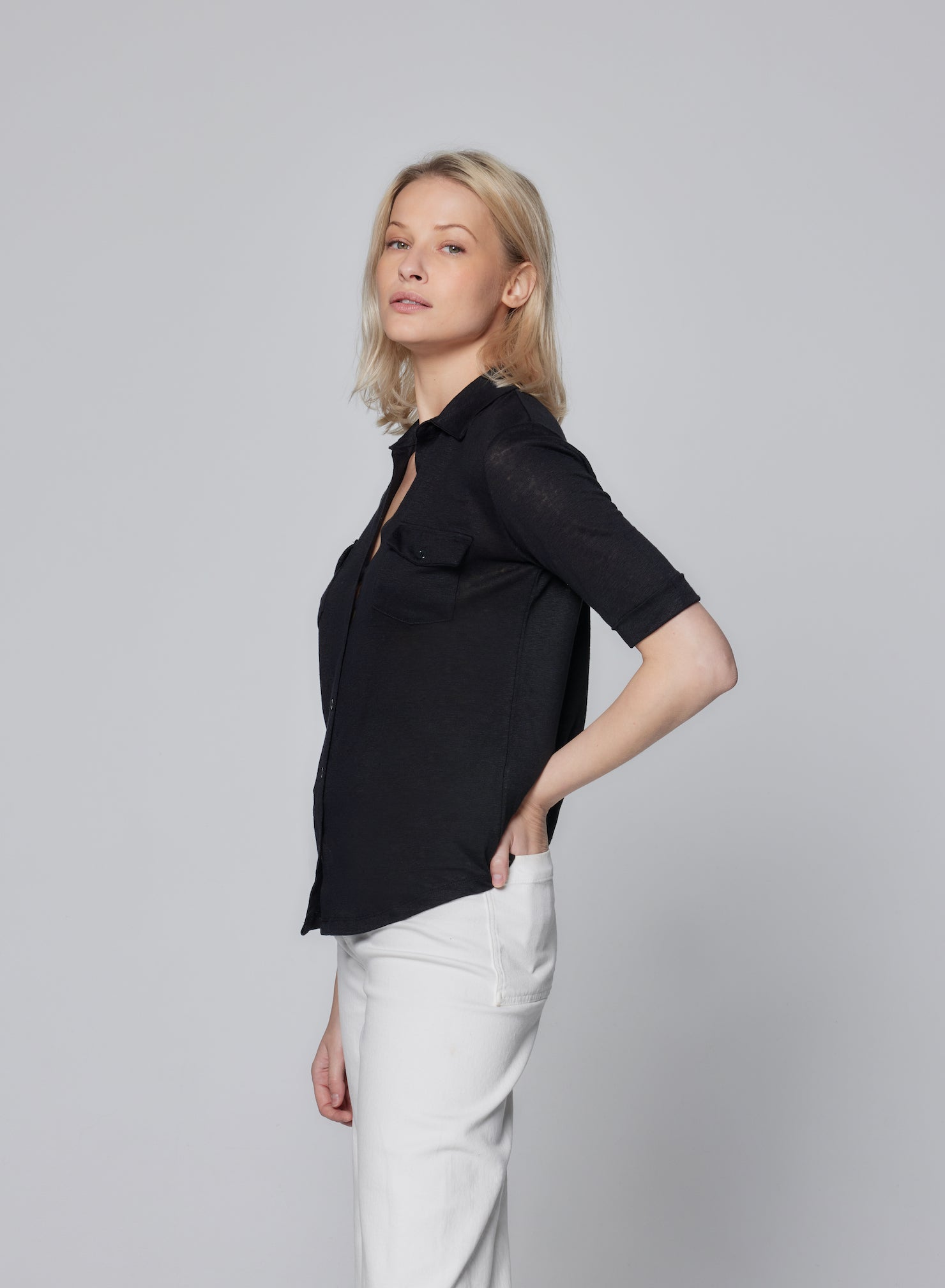 Stretch Linen 3/4 Sleeve Pocket Shirt - MAJESTIC FILATURES - Banebrook Collections