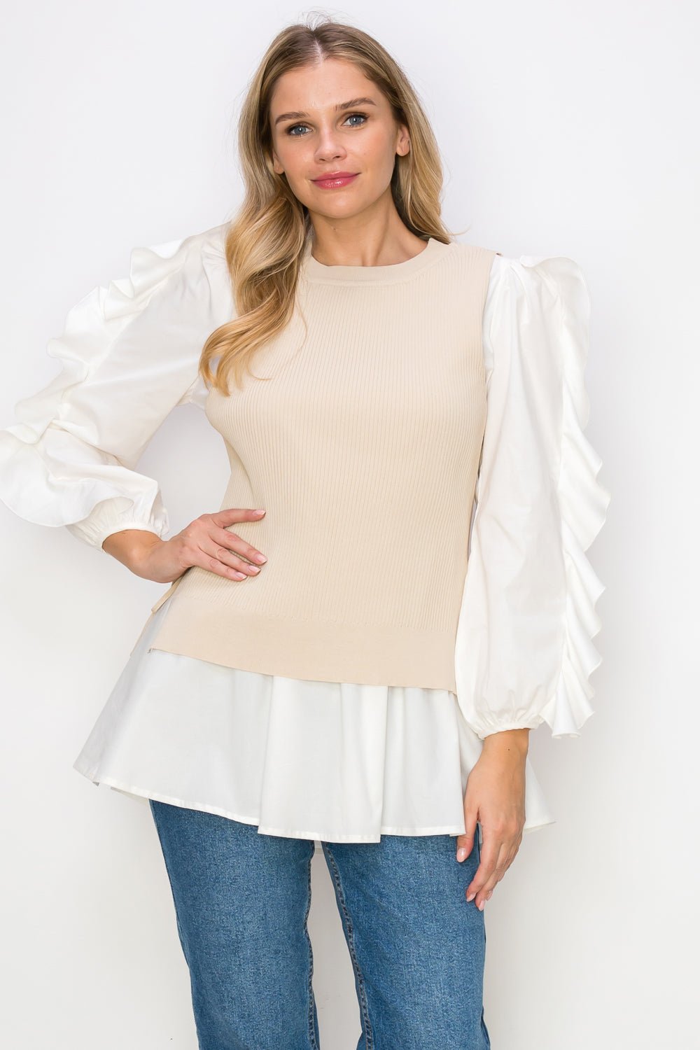 Wanelle Top With Ruffled Sleeves & Detachable Knitted Sweater Vest - JOH APPAREL - Banebrook Collections