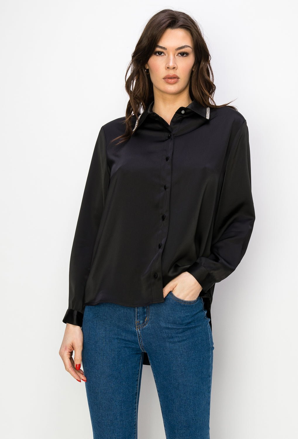 Wileene Satin Shirt With Diamond Trim - JOH APPAREL - Banebrook Collections